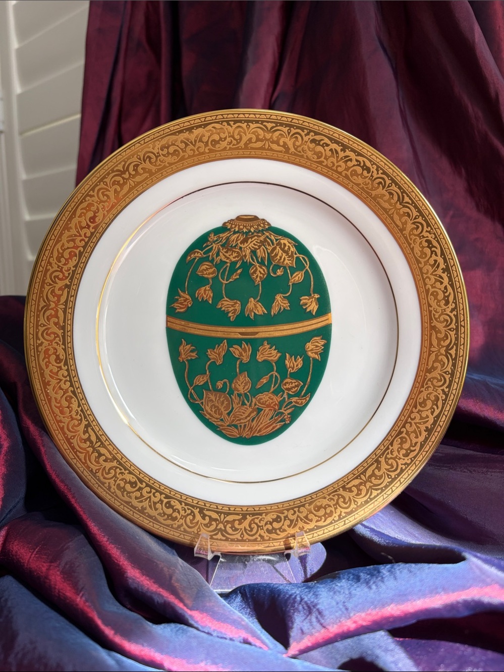Gold Trim White Porcelain Faberge Egg Accent Plate with Green Floral Medallion